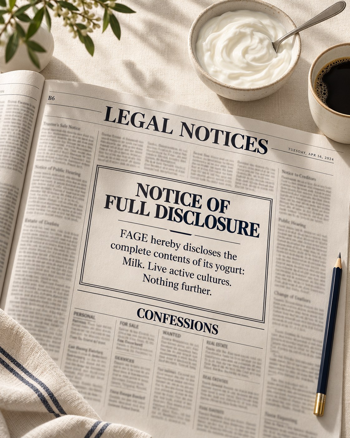 A newspaper legal notice: Notice of full disclosure. FAGE hereby discloses the complete contents of its yogurt.