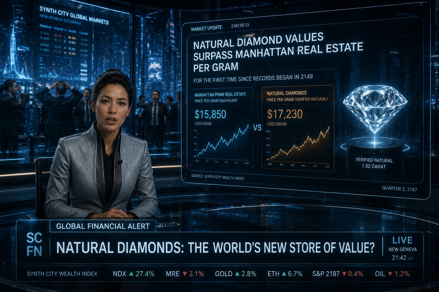 A financial news anchor in front of a market wall: natural diamond values surpass Manhattan real estate per gram