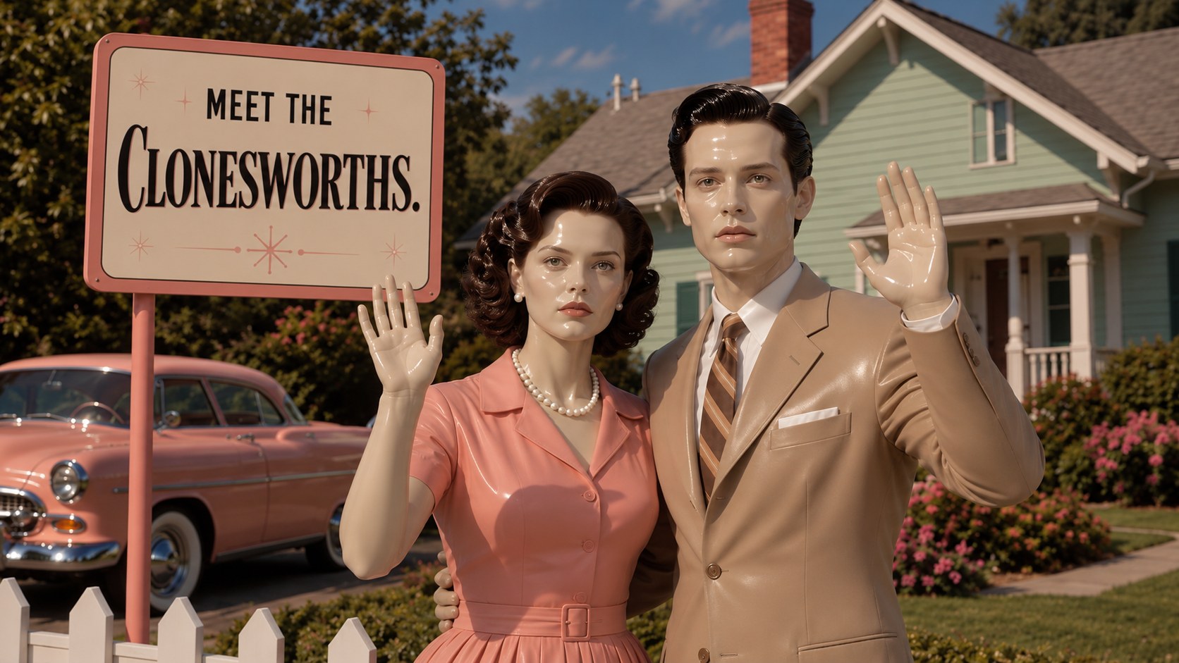 A glossy 1950s couple wave beside a sign reading Meet the Clonesworths, a pink car and a mint-green house behind them