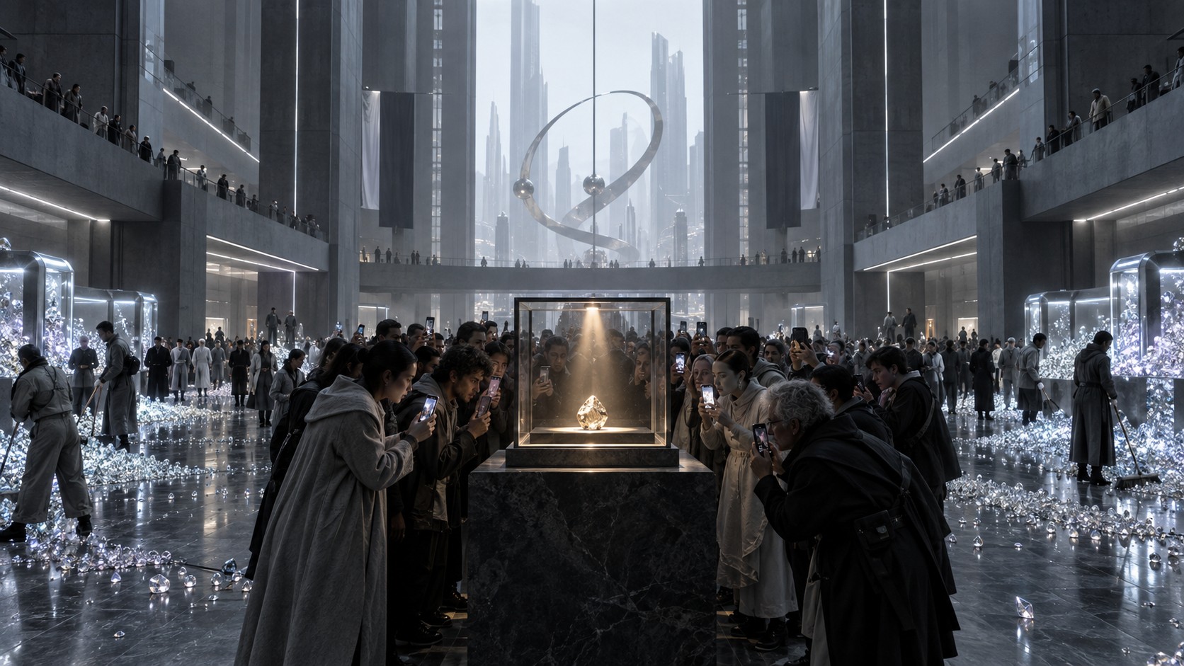 Synth City: a crowd presses around a single rough natural diamond in a vitrine while workers sweep piles of synthetic diamonds off the floor